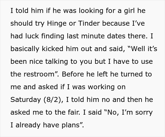 Text excerpt describing a conversation with a stalker customer who found the home and rang the doorbell.