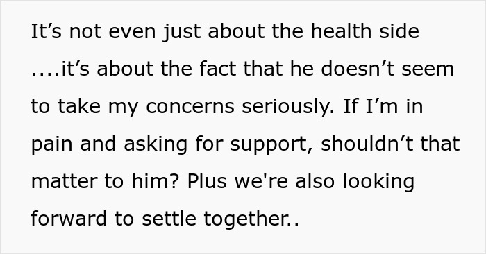 Text discussing partner being prone to infections and lack of support causing reconsideration of marriage plans in a relationship.