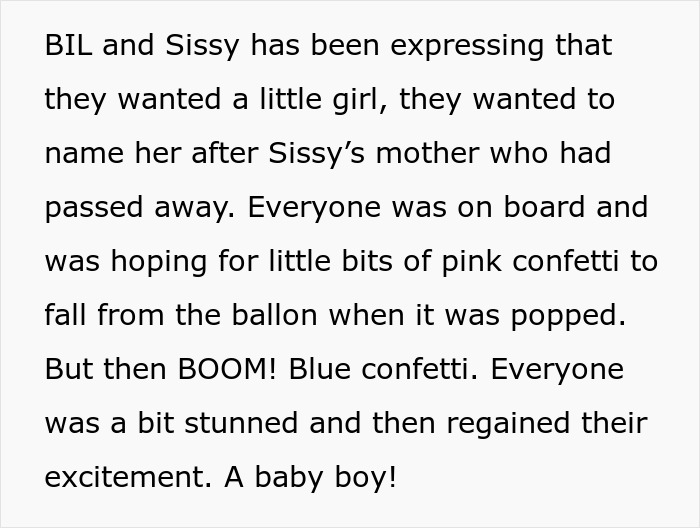 Text describing a surprising baby gender reveal with confusion over adoption papers after a babysitting offer.