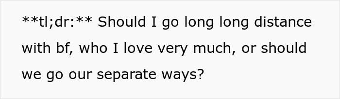 Text on a white background reading about a dilemma in a long-distance relationship and questioning whether to stay or separate. Text on a white background reading about a dilemma in a long-distance relationship and questioning whether to stay or separate.