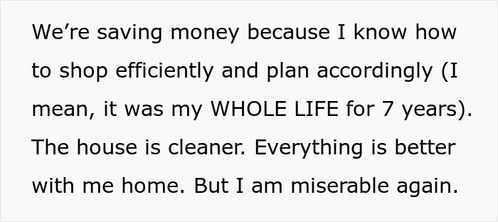 Text excerpt showing feelings of a hurt working mom dealing with an ignorant husband and household responsibilities.