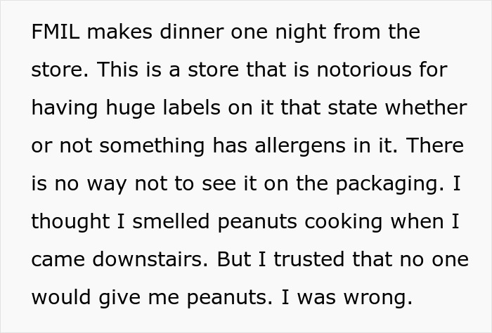 Text describing a woman&rsquo;s anaphylactic shock caused by a MIL&rsquo;s dinner with hidden allergens, showing zero remorse.