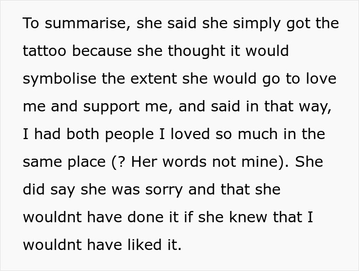 Text excerpt explaining a fiancée got a tattoo symbolizing love and support, impacting her relationship after tattoo of late brother's face. Text excerpt explaining a fiancée got a tattoo symbolizing love and support, impacting her relationship after tattoo of late brother's face.