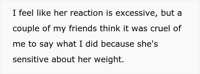 Text saying a woman feels her friend's reaction was excessive after suggesting buying 2 seats on flight due to weight sensitivity.
