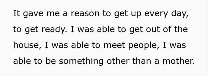 Text excerpt showing a working mom reflecting on finding purpose beyond motherhood despite a hurt and ignorant husband.
