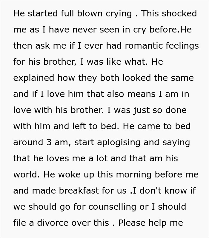Text excerpt showing a man&rsquo;s emotional apology after joking about trading wife for a younger woman, referencing brother&rsquo;s offer.