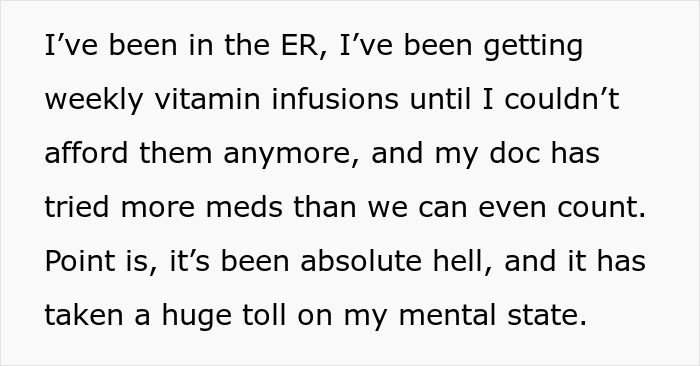 Text excerpt about struggles with pregnancy, ER visits, vitamin infusions, medication, and mental health challenges.