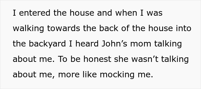 Text describing someone overhearing a future mother-in-law mocking the bride-to-be, highlighting conflict with future MIL.