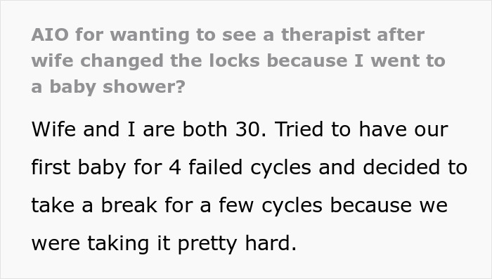 Man shares his need for therapy after wife&rsquo;s reaction to him attending his sister&rsquo;s baby shower causes conflict.