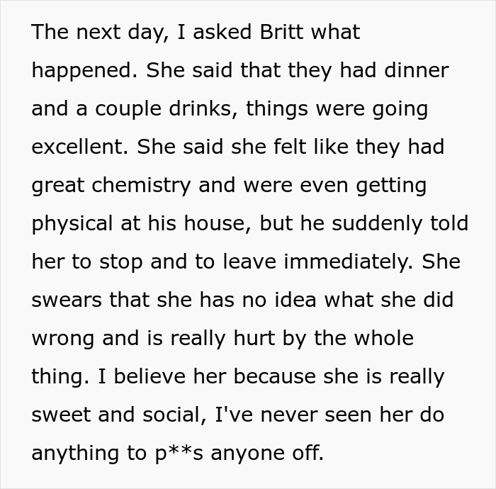 Text excerpt recounting a woman's date with a guy who abruptly ended it, leaving her confused and hurt.