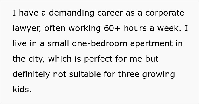 Text excerpt about a woman with a demanding career facing challenges after her late sister’s dying wish involving kids. Text excerpt about a woman with a demanding career facing challenges after her late sister’s dying wish involving kids.