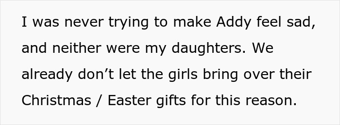 Text discussing kids and Easter gifts, with a sister-in-law reacting strongly over daughters' gift rules.