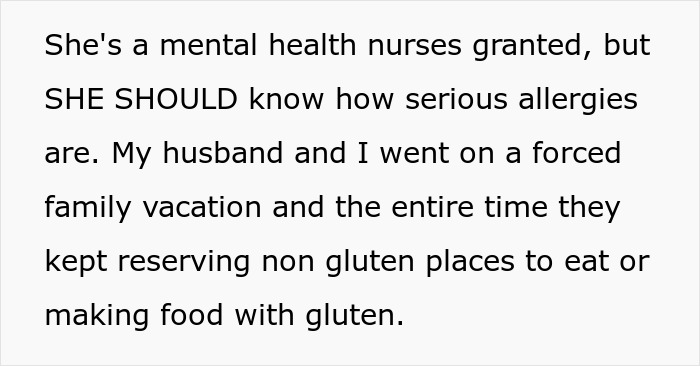 Text excerpt about woman confronting mother-in-law for purposely triggering allergies during family vacation, highlighting allergy issues. Text excerpt about woman confronting mother-in-law for purposely triggering allergies during family vacation, highlighting allergy issues.