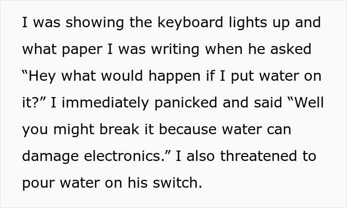 Text describing a kid pouring water on a babysitter&rsquo;s laptop after smashing it, worrying about replacement.