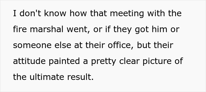 Text excerpt describing a landlord malicious compliance situation involving a meeting with a fire marshal and office attitude.