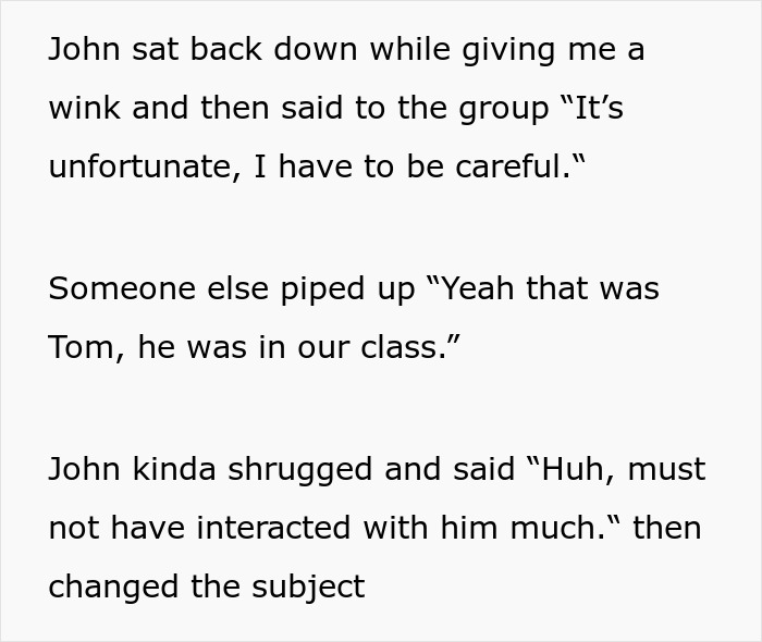 Text excerpt showing a man crushing former bully&rsquo;s ego by not recognizing him at a class reunion 25 years later.