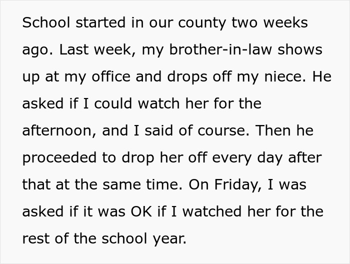 Text excerpt describing a 40-year-old aunt refusing to be a free sitter for a family couple. Text excerpt describing a 40-year-old aunt refusing to be a free sitter for a family couple.