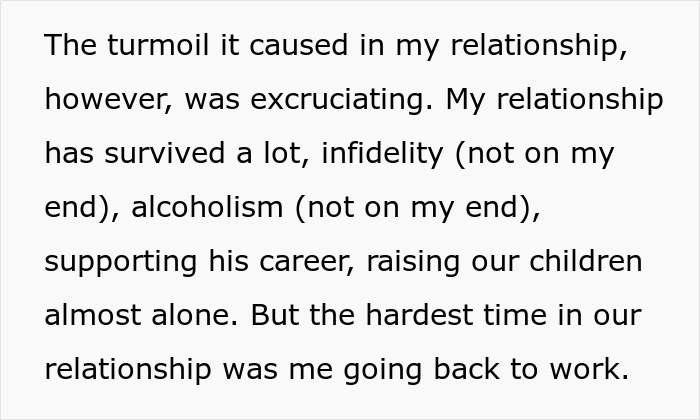 Text excerpt describing the hurt working mom&rsquo;s struggles with an ignorant husband during relationship turmoil after returning to work.