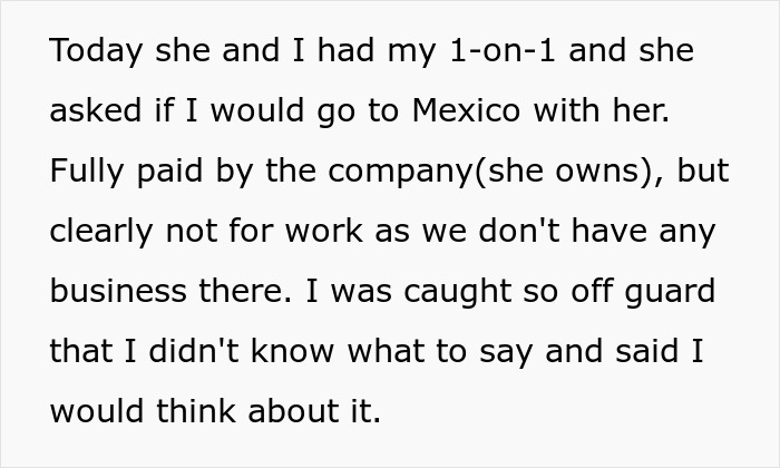 Text excerpt describing a boss invite vacation with her, mentioning a fully paid trip to Mexico not related to work.