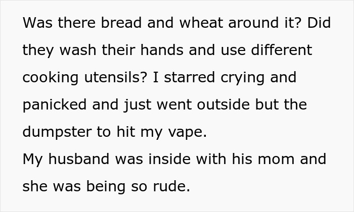 Woman describes allergy attack triggered by rude mother-in-law while husband stays inside with her. Woman describes allergy attack triggered by rude mother-in-law while husband stays inside with her.