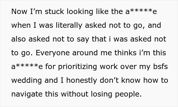 Text message expressing frustration over being blamed for attending bachelor party and concerns about losing people, referencing groom and best friend.