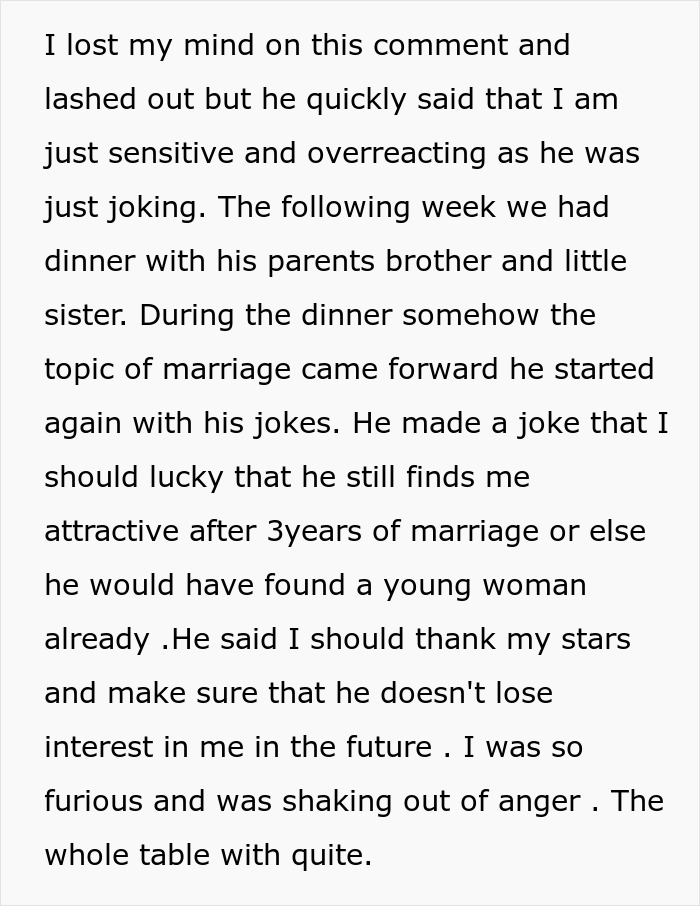 Text excerpt showing a man joking about trading his wife for a younger woman, with family dinner tension and marriage topics.