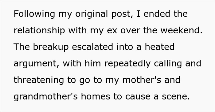 Screenshot of a text message describing a breakup after sensing greed over survivor benefits in a relationship.