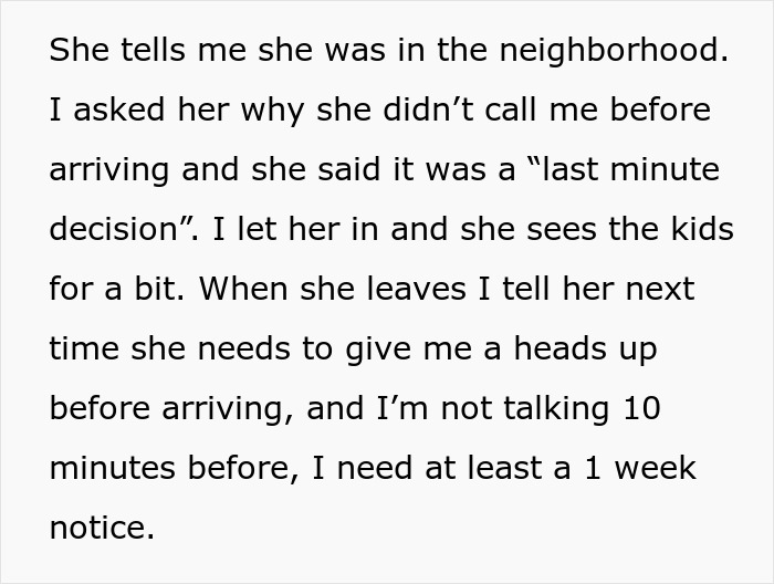 Text about woman showing up unannounced at ex-DIL’s home and calling cops when not let in, discussing visit rules. Text about woman showing up unannounced at ex-DIL’s home and calling cops when not let in, discussing visit rules.