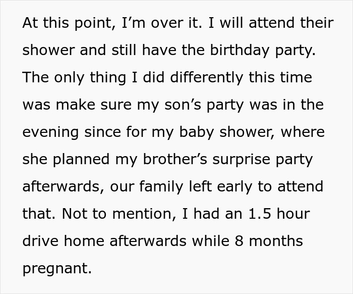 Mom feels overshadowed as bro and SIL plan baby shower on nephew's first birthday, causing family tension and mixed celebrations.