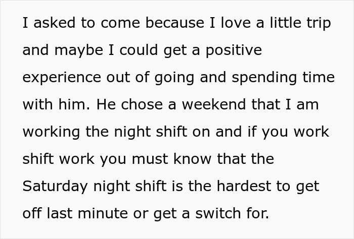 Text excerpt discussing challenges with a weekend night shift, highlighting prioritizing plans and family time conflicts.