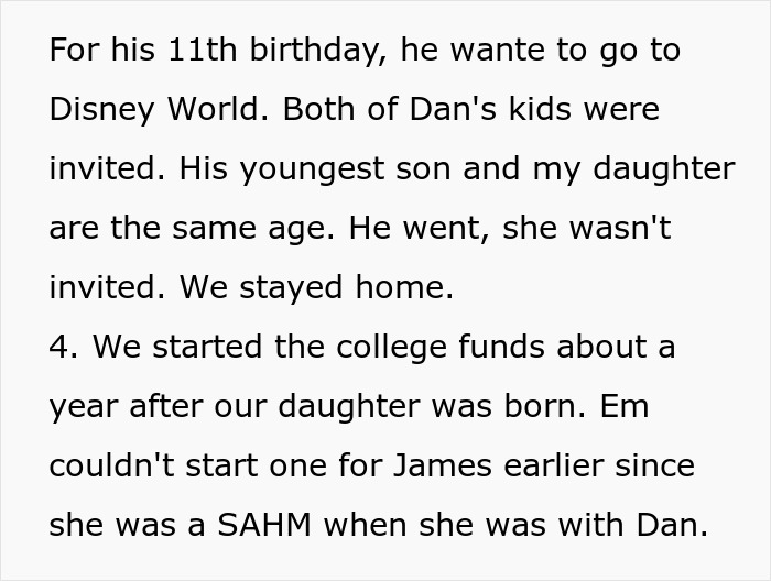 Text excerpt discussing a man denying his stepson&rsquo;s pleas to contribute to a college fund.