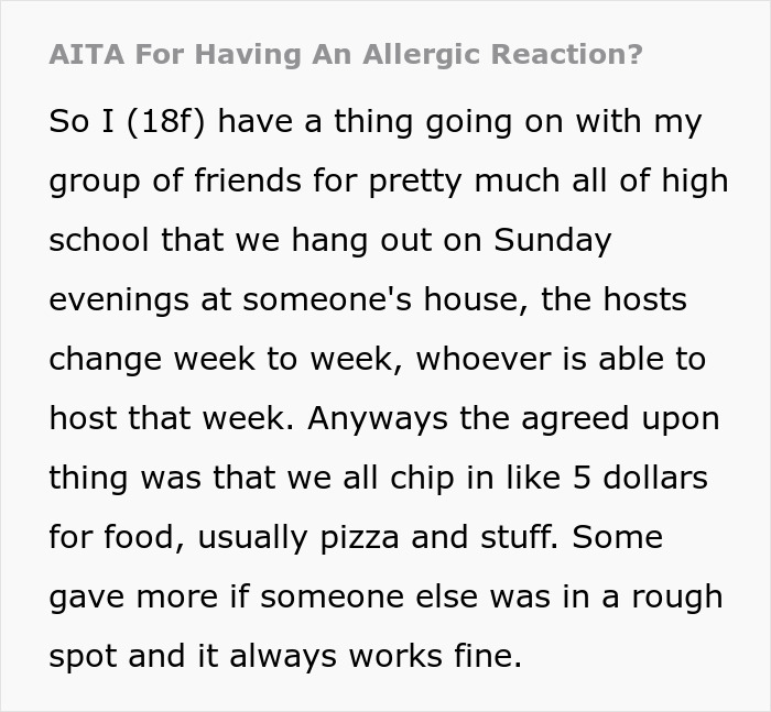 Text excerpt showing a teen describing group food sharing dynamics before an allergic reaction at a friend’s house incident. Text excerpt showing a teen describing group food sharing dynamics before an allergic reaction at a friend’s house incident.