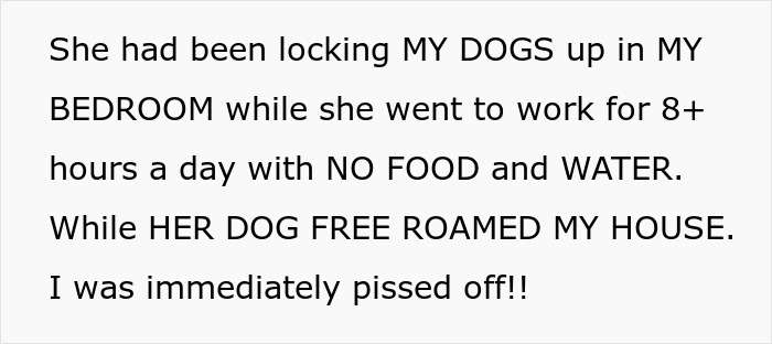 Text showing dog owner upset after friend house sits, locking up dogs for hours without food or water while her dog roamed free.