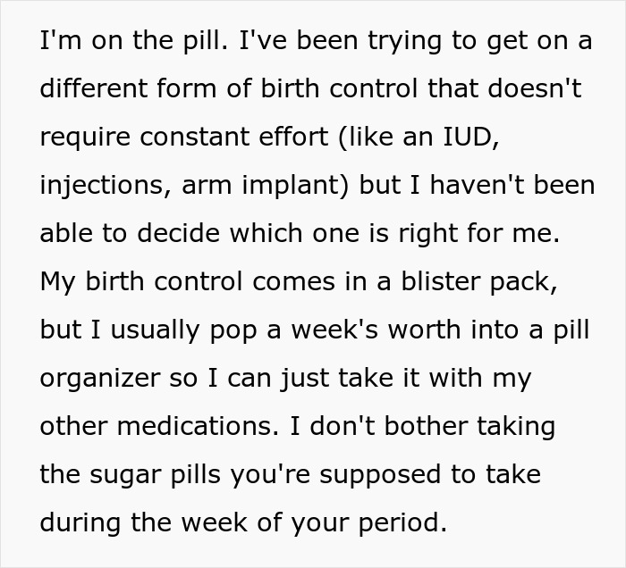 Text about birth control pills and trying different methods, relating to birth control and pregnancy tampering. Text about birth control pills and trying different methods, relating to birth control and pregnancy tampering.