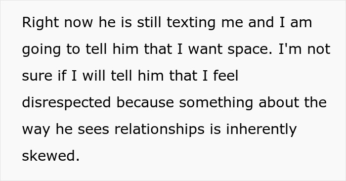 Text message expressing discomfort with someone considering a relationship too soon and asking for space after one date.