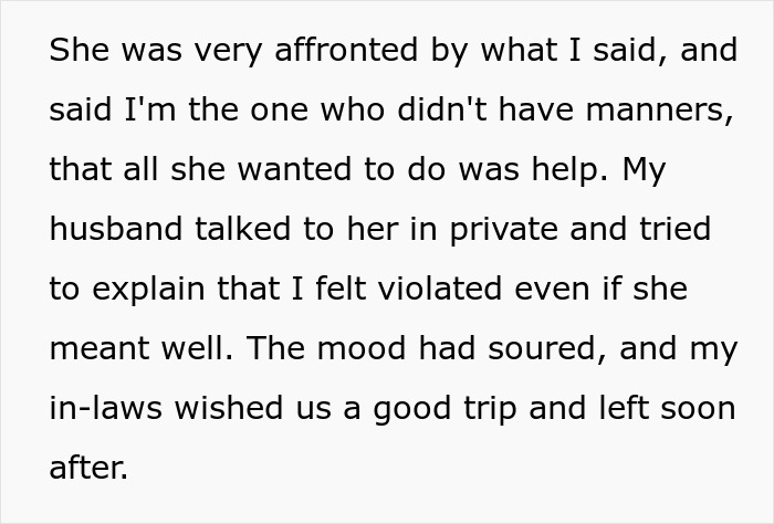 Text excerpt discussing feelings of being violated and sour mood after a military member criticizes a bikini in a suitcase.