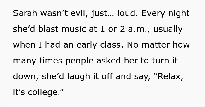 Text describing a neighbor blasting loud music at 2 a.m. and student planning petty revenge at 6:30 a.m.