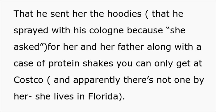 Text showing a message about sending hoodies sprayed with cologne and protein shakes from Costco in a found another woman Valentine card context.