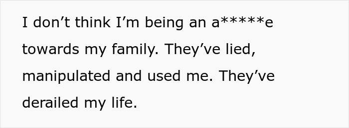 Text excerpt showing a single mom expressing feelings of being manipulated and derailed by family, reflecting on restarting life.