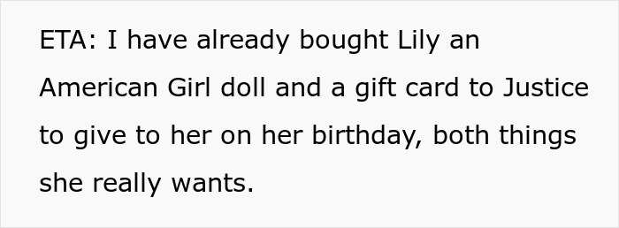 Text showing a sister addressing accusations of favoring her nephew and niece by explaining birthday gifts she already bought.