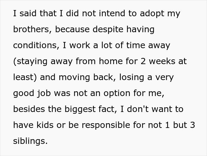 Text excerpt about sister unwanted siblings adoption explaining reluctance to adopt due to work and responsibility concerns.