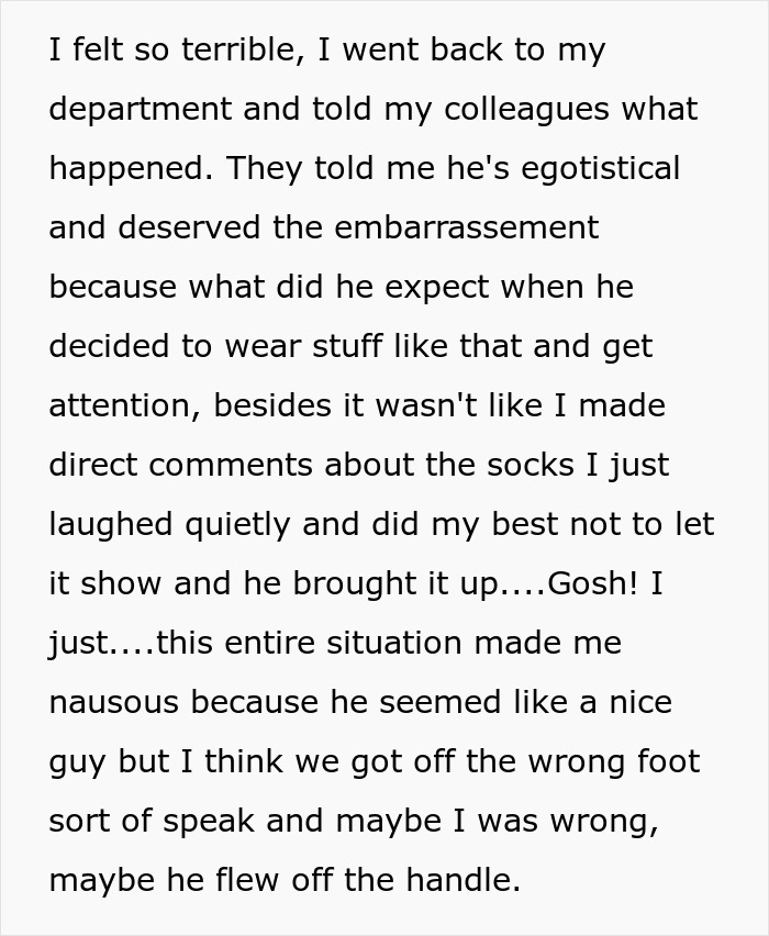 Text excerpt discussing workplace harassment involving mocking colorful socks and seeking HR intervention. Text excerpt discussing workplace harassment involving mocking colorful socks and seeking HR intervention.