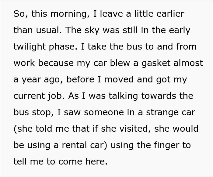 Text excerpt describing a morning routine disrupted by car trouble and a strange encounter at the bus stop related to mother-poisoned-me.