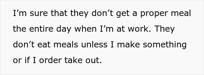 Text on a white background expressing concern about toddlers not getting proper meals during workdays unless food is prepared or ordered.