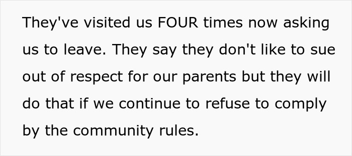 Text about HOA repeatedly asking siblings to leave their house over community rules after losing their mom.