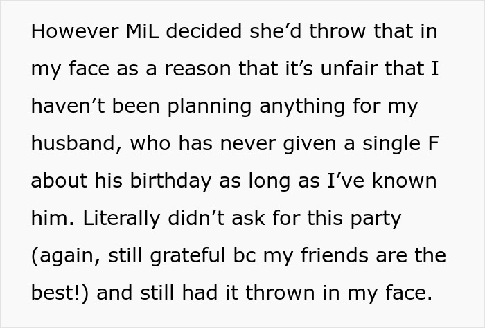 Text excerpt describing a woman confronting her MIL over hijacking pregnancy and unfair birthday party planning.