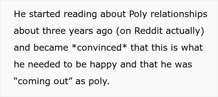 Text about a guy reading on poly relationships for three years before coming out as poly to his wife.