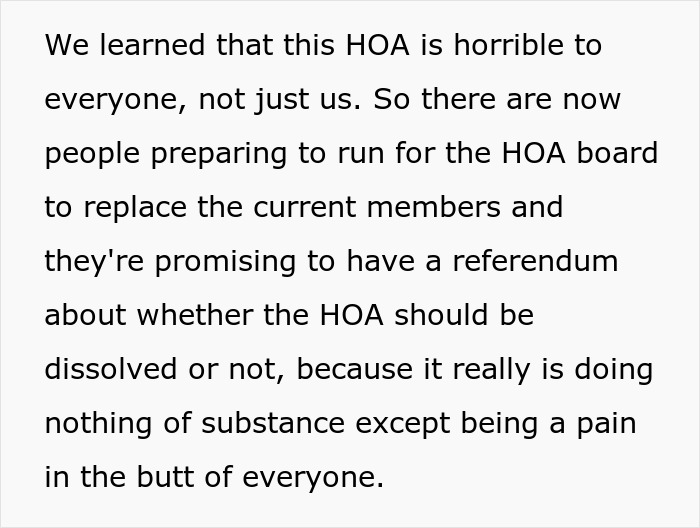 Alt text: Text describing how an HOA is causing issues and residents plan to hold a referendum about dissolving the HOA.