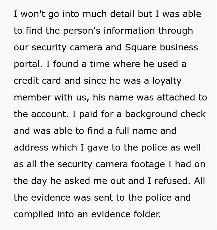 Text description of a person discovering a stalker customer found at their home who rang the doorbell using security footage and records.