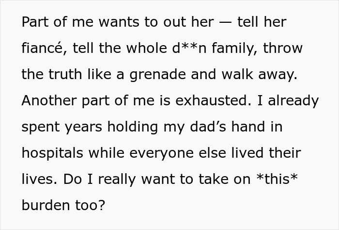 Text excerpt about a woman deciding whether to confront her sister who refused to gift $30K for her wedding.